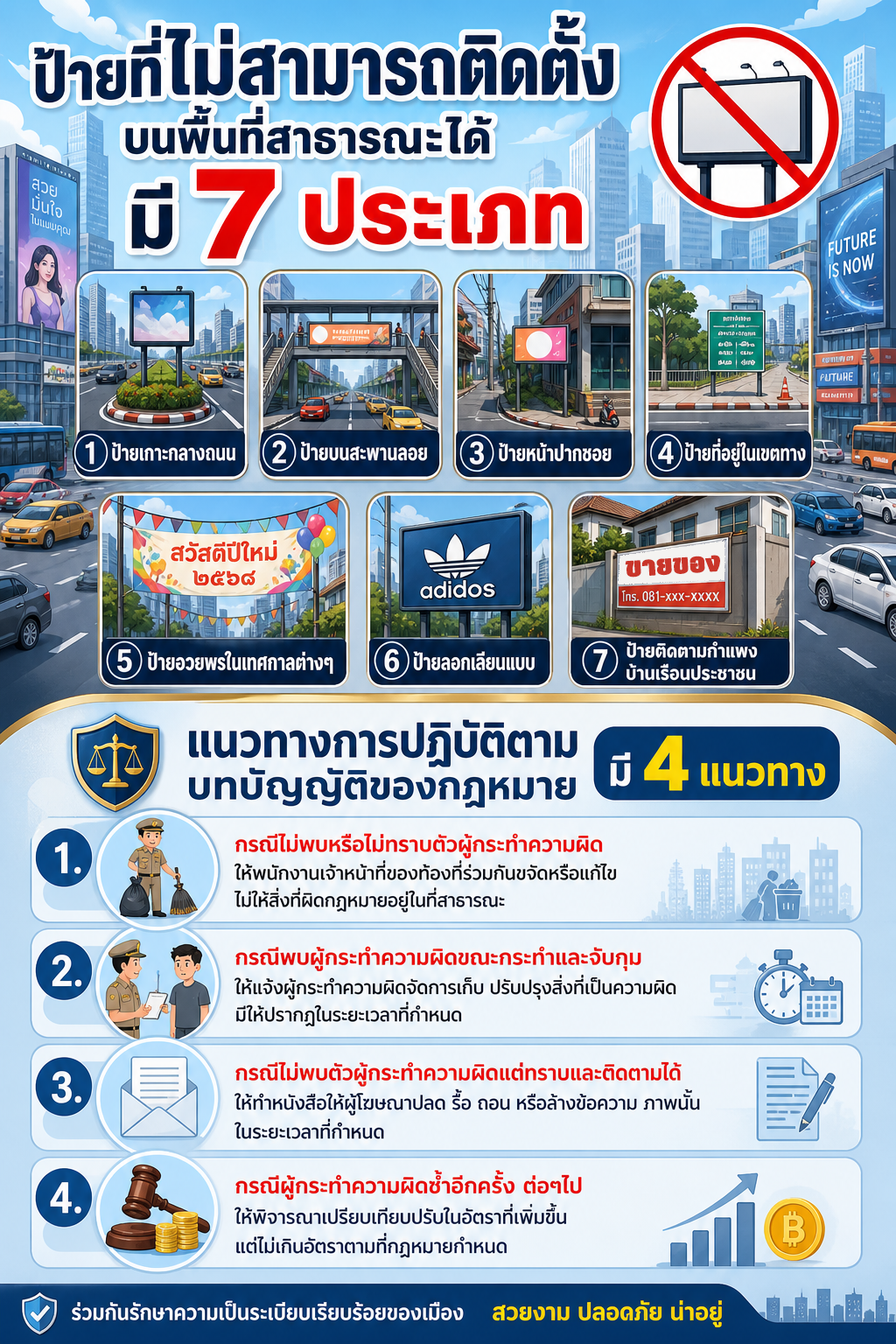 ภาพประกอบ การกระทำอันเป็นการฝ่าฝืนกฎหมายเกี่ยวกับการติดตั้งป้ายโฆษณา หรือสิ่งอื่นใดที่รุกล้ำทางสาธารณะ