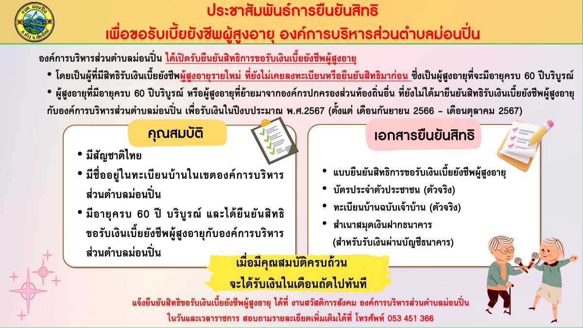 ภาพประกอบ เปิดรับยืนยันสิทธิการขอรับเงินเบี้ยยังชีพผู้สูงอายุ ประจำปี 2567